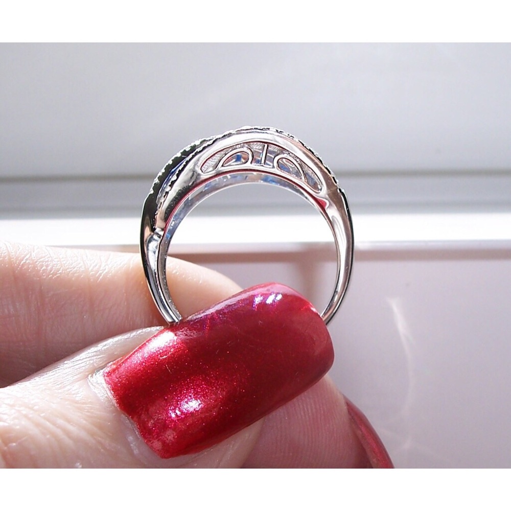 925 STERLING SILVER Blue Spinel & Cubic Zirconia Crossover Ring - Picture 6 of 15